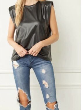 Entro Sleeveless Faux Leather Muscle Tee - Black